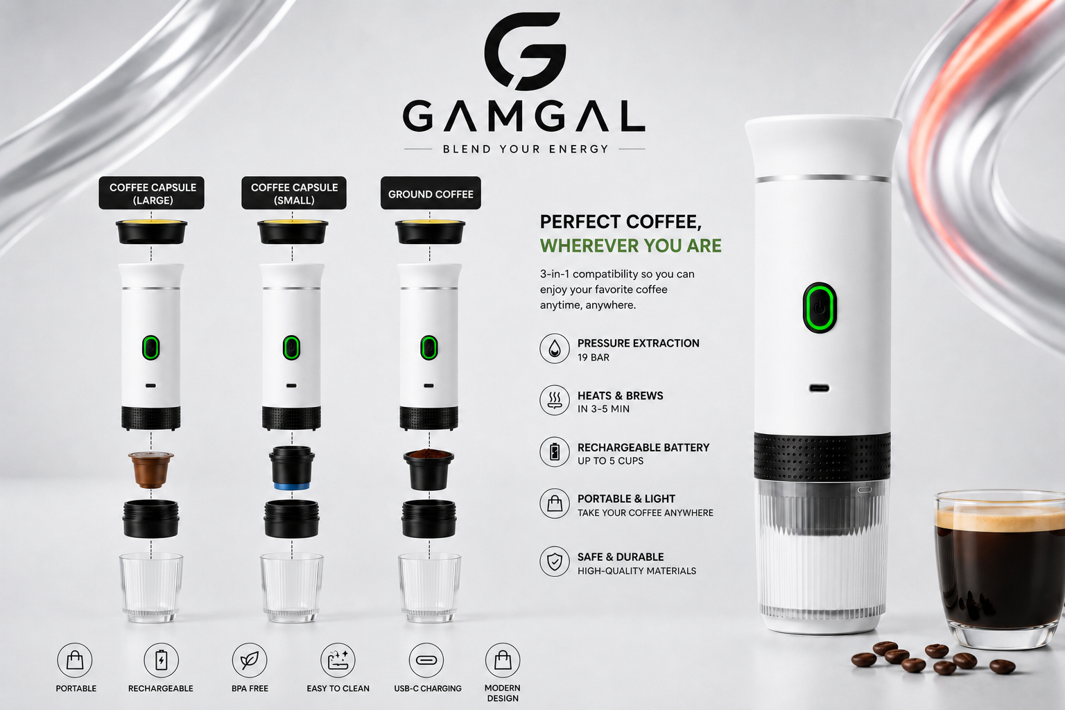 GAMGAL — Perfect coffee, wherever you want. 3-in-1 compatibility with capsules and ground coffee.