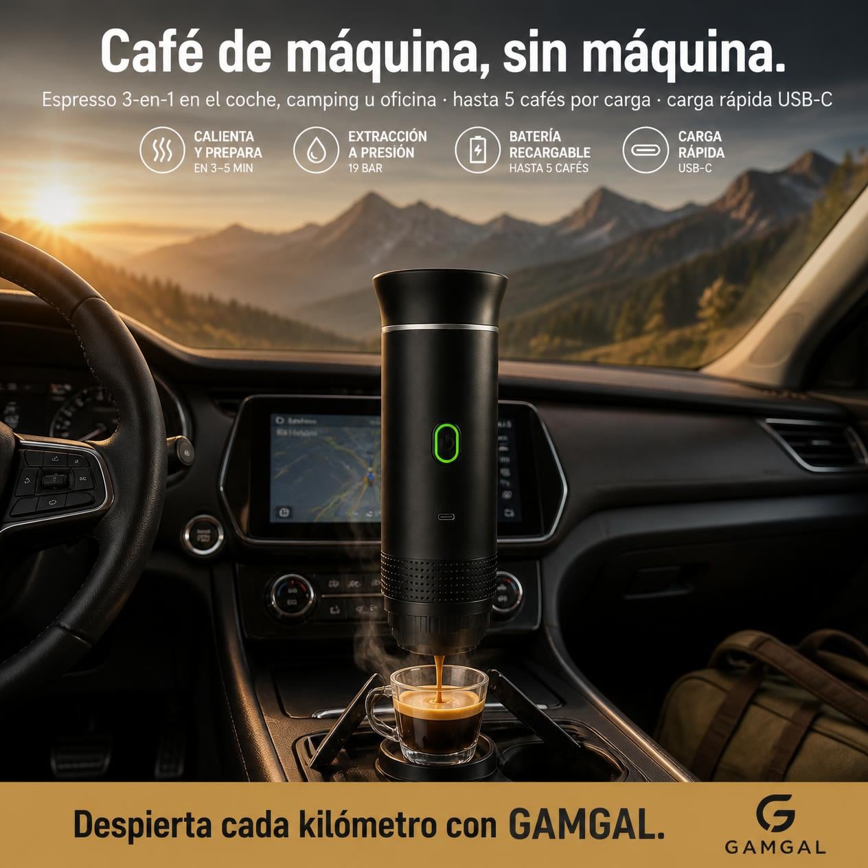 Cafetera Portátil GAMGAL en el coche, de viaje
