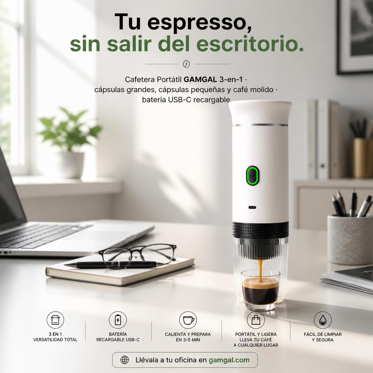 Cafetera Portátil GAMGAL en el escritorio de la oficina