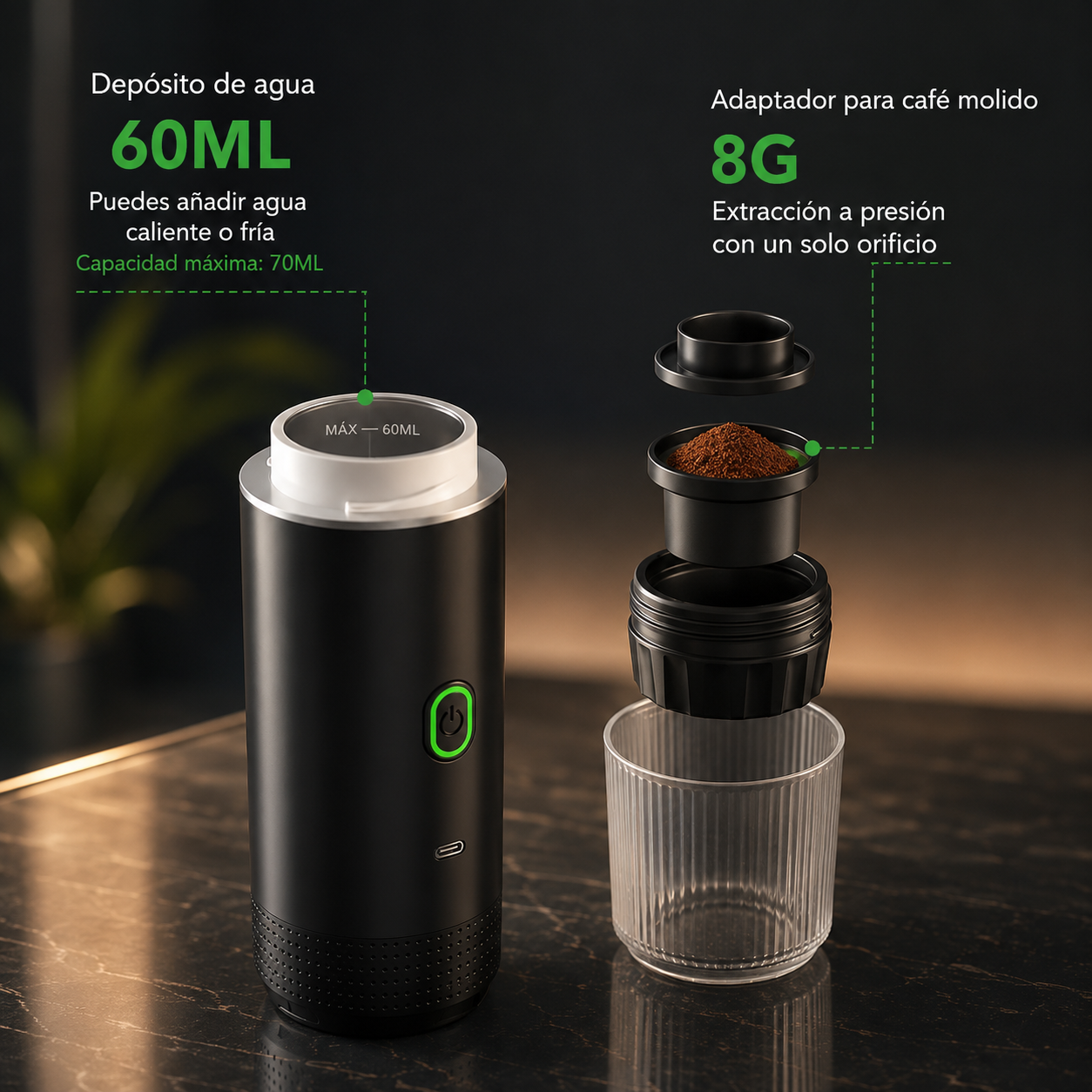 Cafetera Portátil GAMGAL — depósito de agua 60ml y adaptador de café molido 8g
