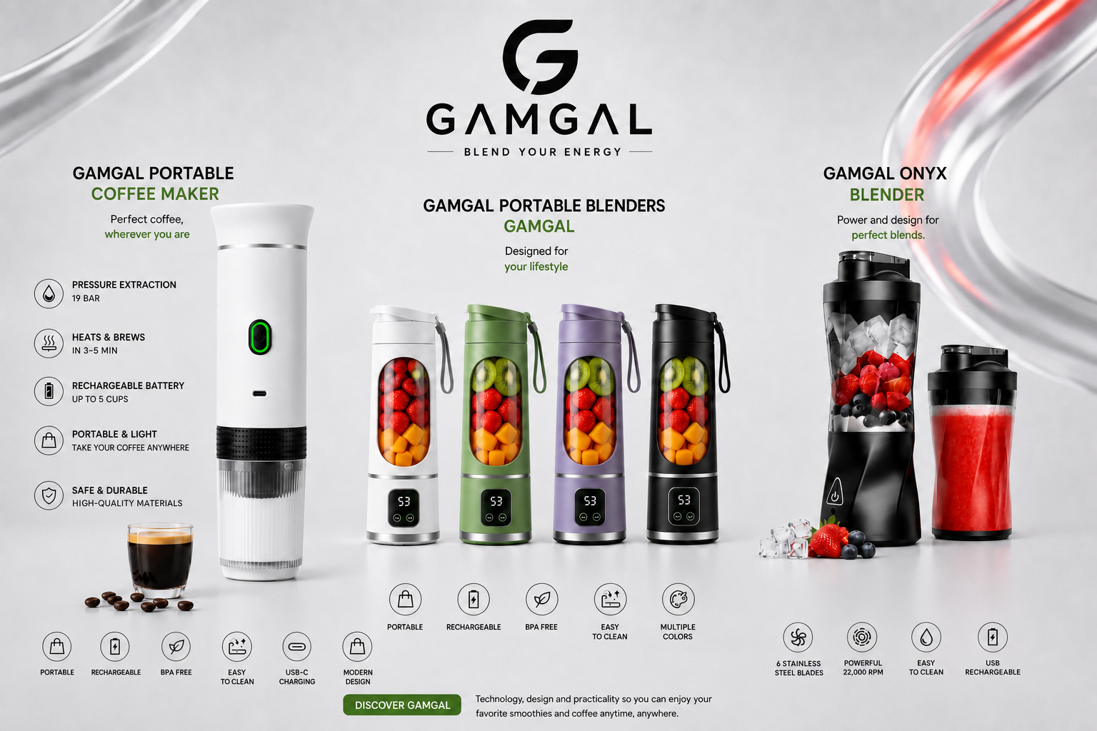 GAMGAL — Designed for your lifestyle. Portable Coffee Maker, Portable Blender and Onyx Blender.