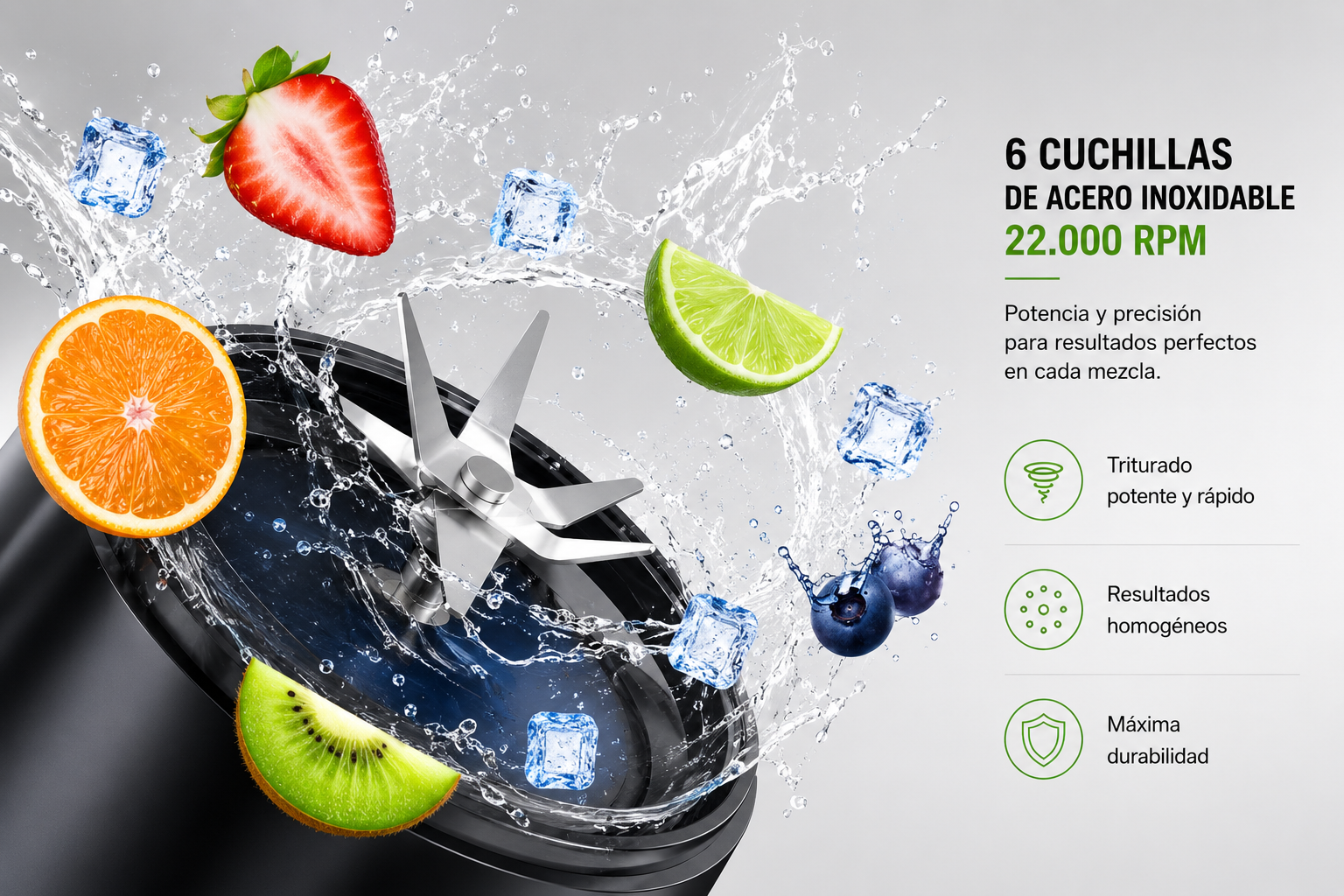 6 cuchillas de acero inoxidable, 22.000 RPM